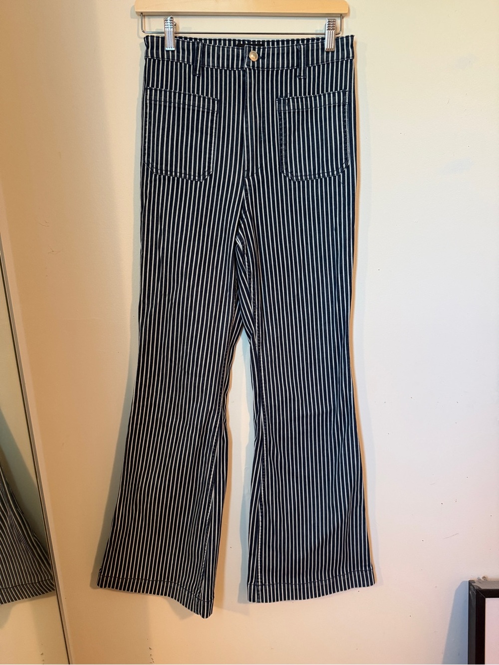 Striped Navy Flare Pants with Front Patch Pockets